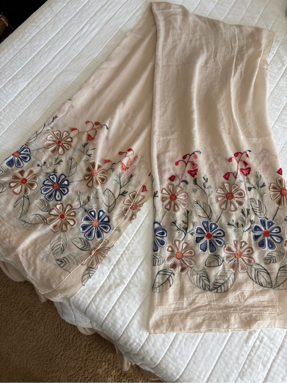 Embroidered Floral  Scarf in Beige with Multicolor Accents